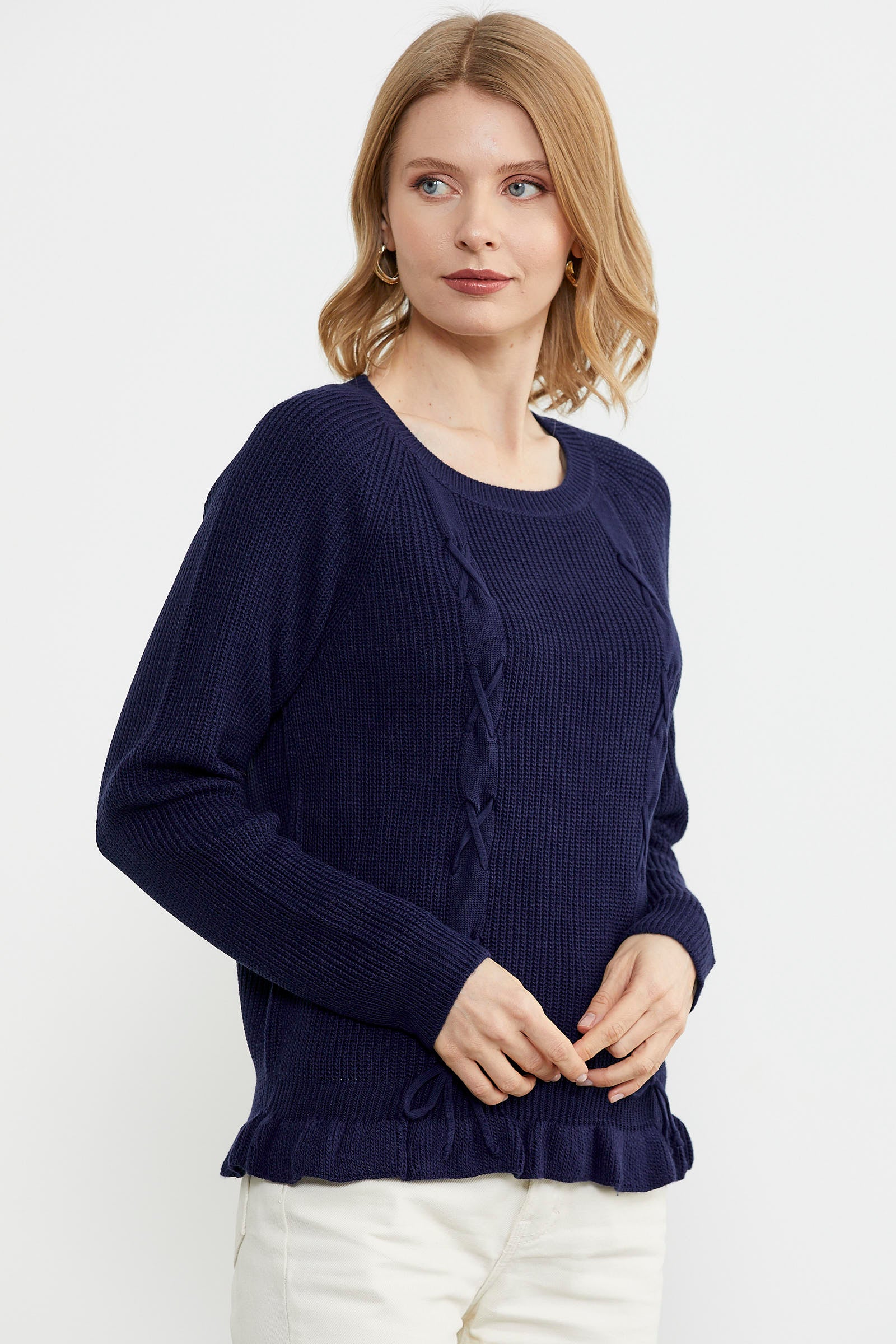 Saç Örgü Detaylı Triko Kazak - Lacivert (2) Sementa