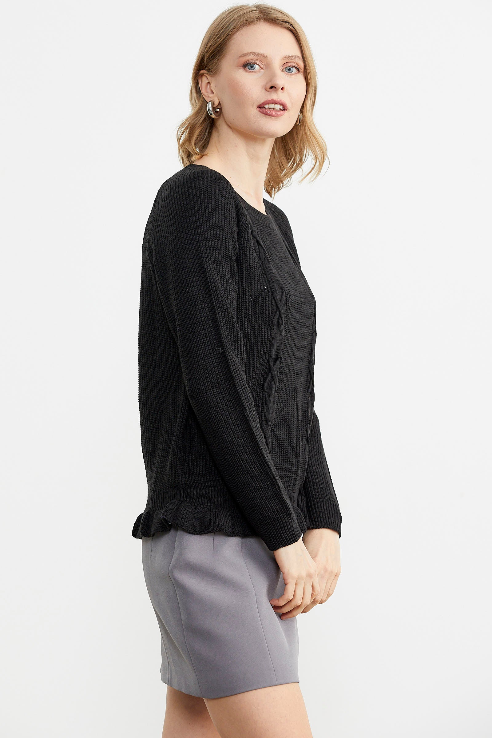 Saç Örgü Detaylı Triko Kazak - Siyah (2) Sementa