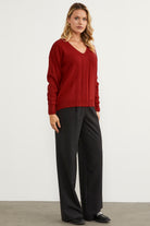 Saç Örgü Detaylı V Yaka Triko Kazak - Kırmızı (3) Sementa