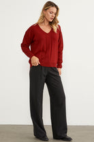 Saç Örgü Detaylı V Yaka Triko Kazak - Kırmızı (5) Sementa