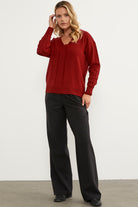 Saç Örgü Detaylı V Yaka Triko Kazak - Kırmızı (6) Sementa