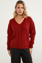 Saç Örgü Detaylı V Yaka Triko Kazak - Kırmızı (1) Sementa