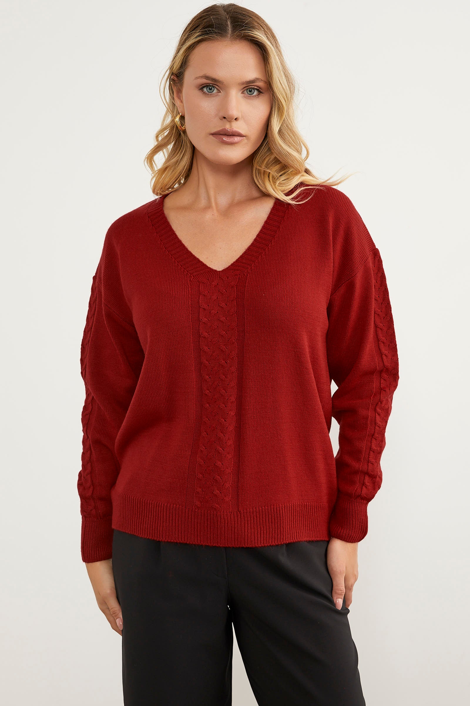 Saç Örgü Detaylı V Yaka Triko Kazak - Kırmızı (1) Sementa