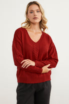 Saç Örgü Detaylı V Yaka Triko Kazak - Kırmızı (2) Sementa