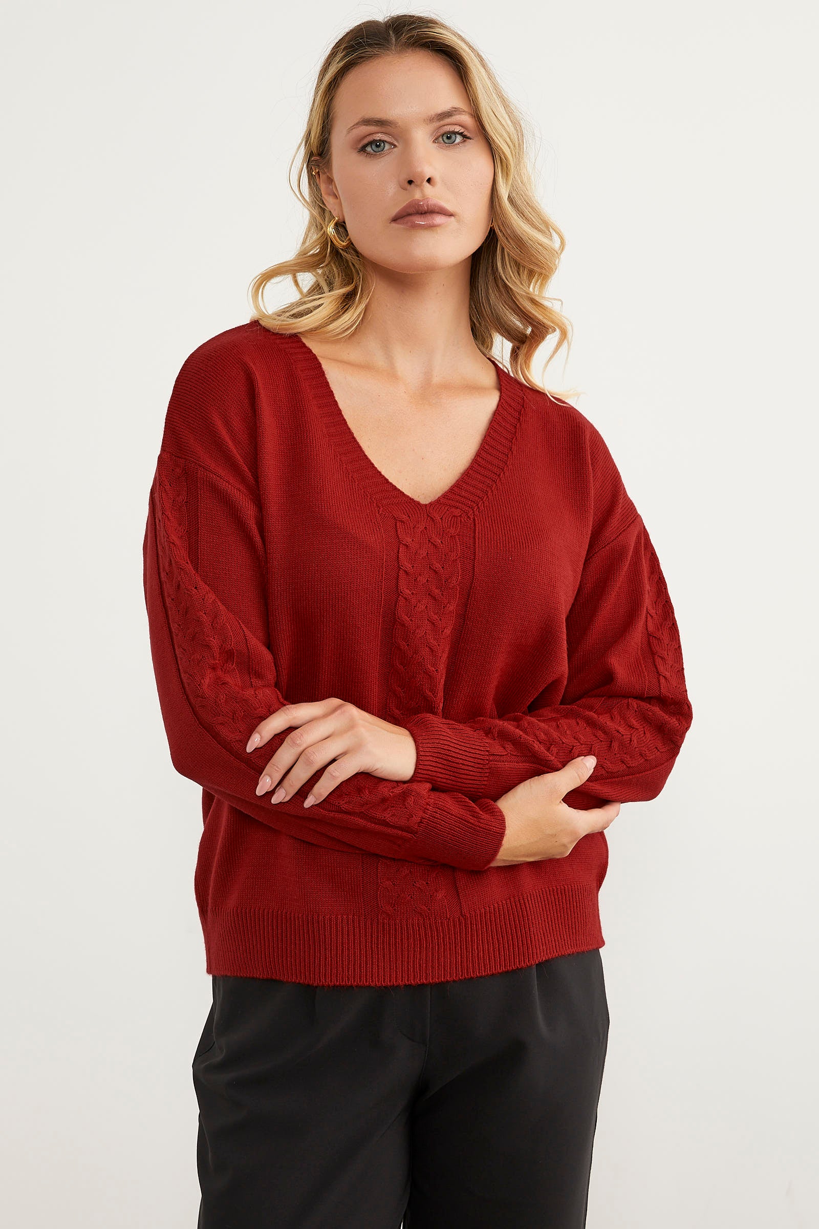 Saç Örgü Detaylı V Yaka Triko Kazak - Kırmızı (2) Sementa