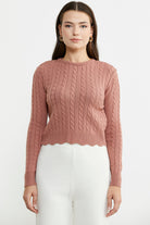 Saç Örgü Dilimli Crop Triko Kazak - Gül - Sementa