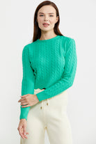 Saç Örgü Dilimli Crop Triko Kazak - Yeşil - Sementa