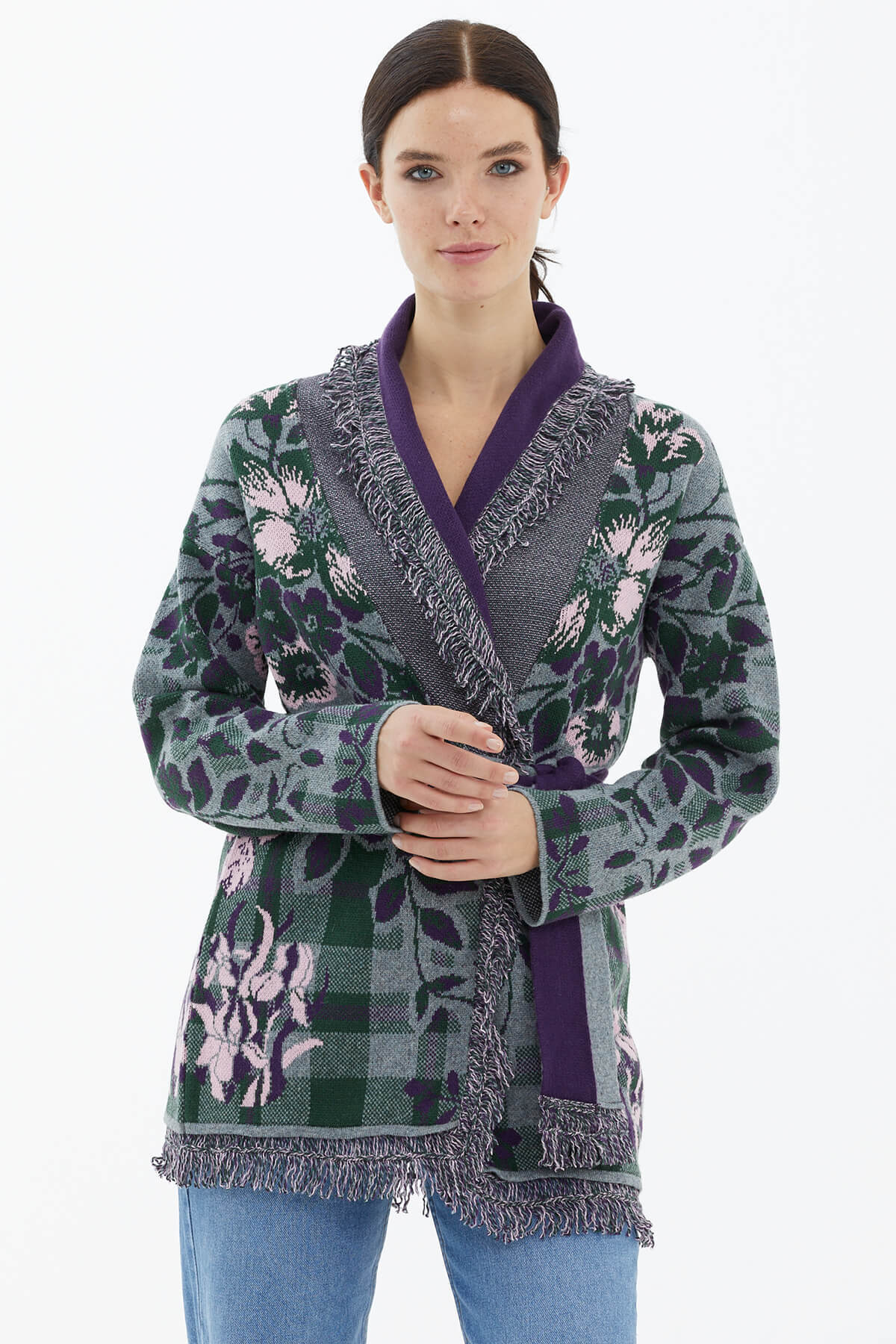 Şal Yaka Püsküllü Çiçek Desenli  Triko Hırka - Gri (3) Sementa