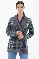 Şal Yaka Püsküllü Çiçek Desenli  Triko Hırka - Gri (3) Sementa