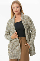 Şal Yaka Saç Örgülü Kırçıllı Triko Hırka - Haki (3) Sementa