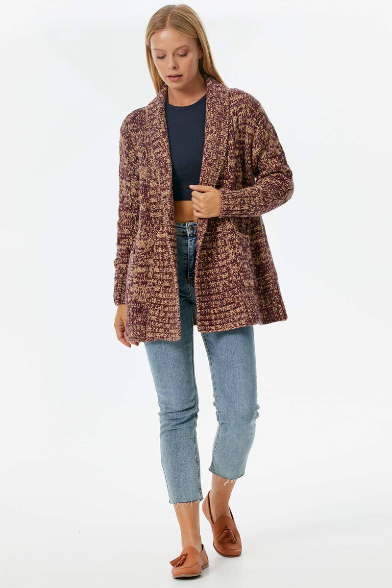 Şal Yaka Saç Örgülü Kırçıllı Triko Hırka - Kamel (2) Sementa