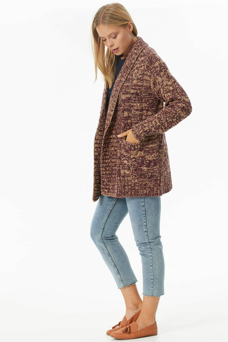 Şal Yaka Saç Örgülü Kırçıllı Triko Hırka - Kamel (3) Sementa