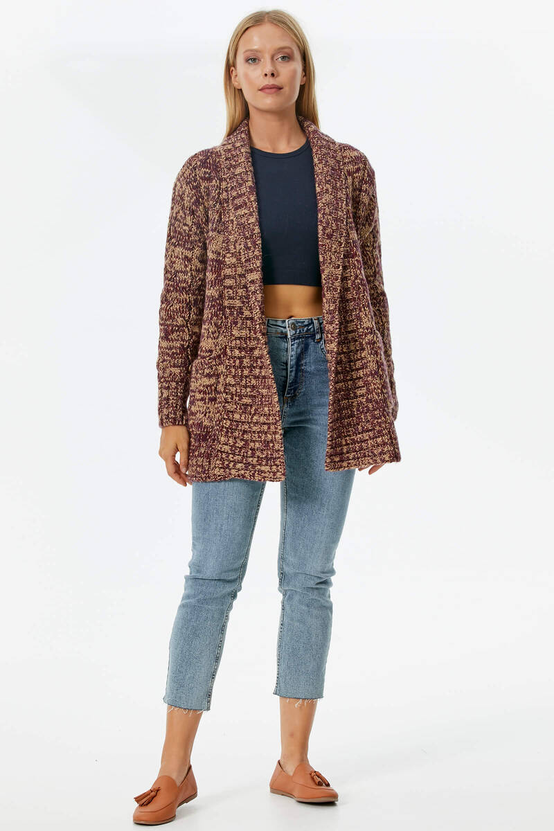 Şal Yaka Saç Örgülü Kırçıllı Triko Hırka - Kamel (4) Sementa