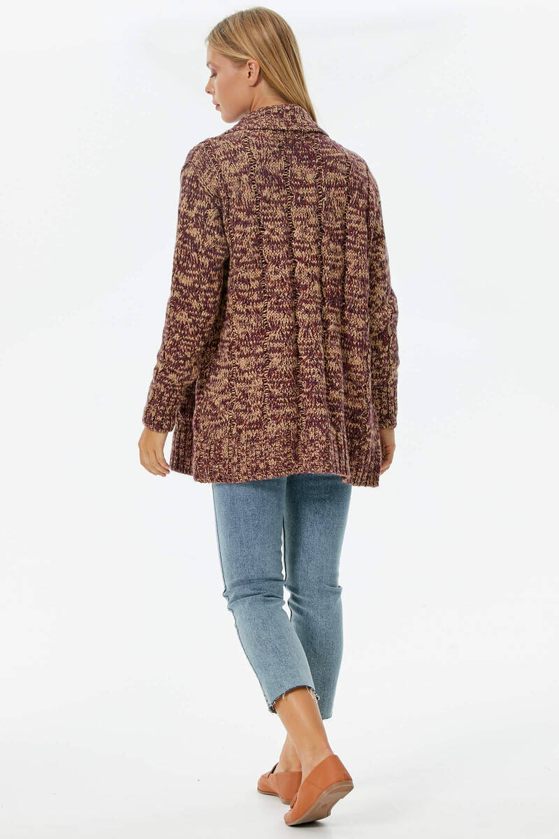 Şal Yaka Saç Örgülü Kırçıllı Triko Hırka - Kamel (5) Sementa