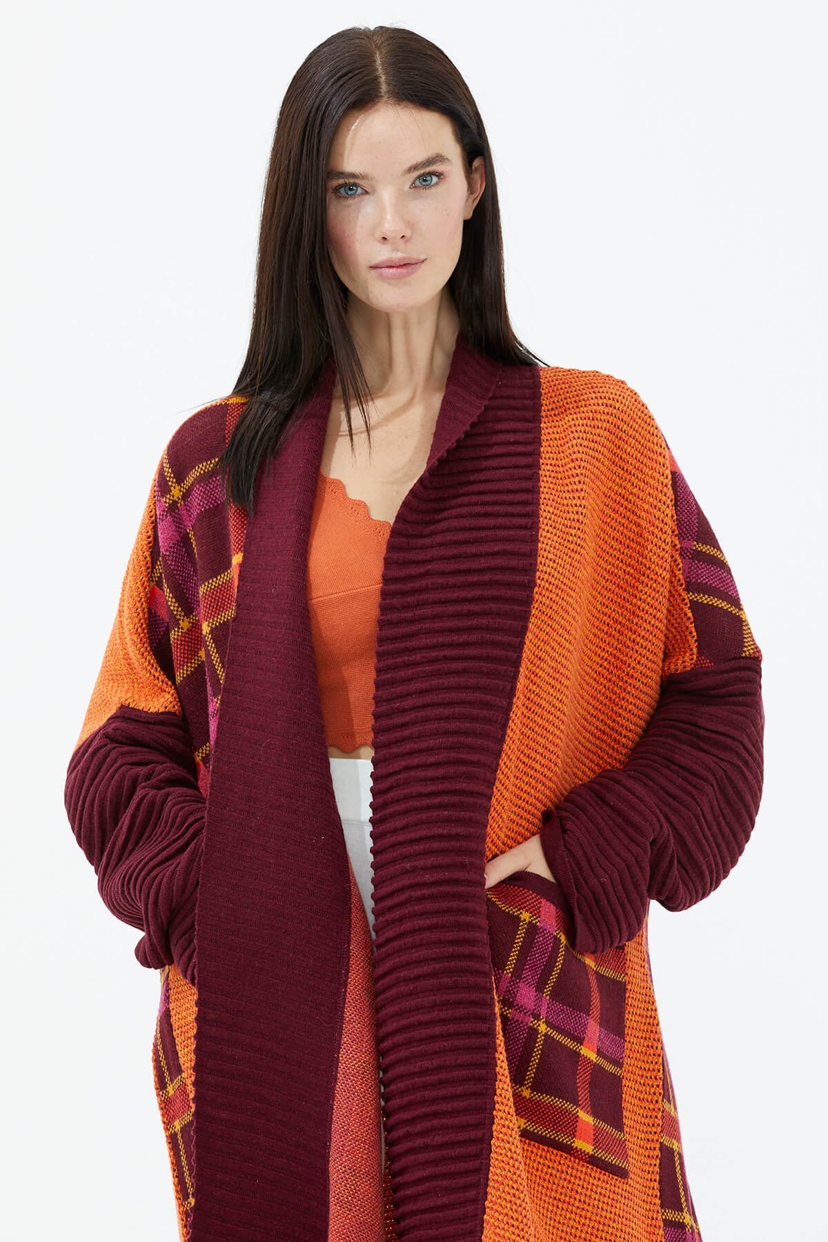 Şal Yaka Uzun Triko Hırka - Bordo (2) Sementa