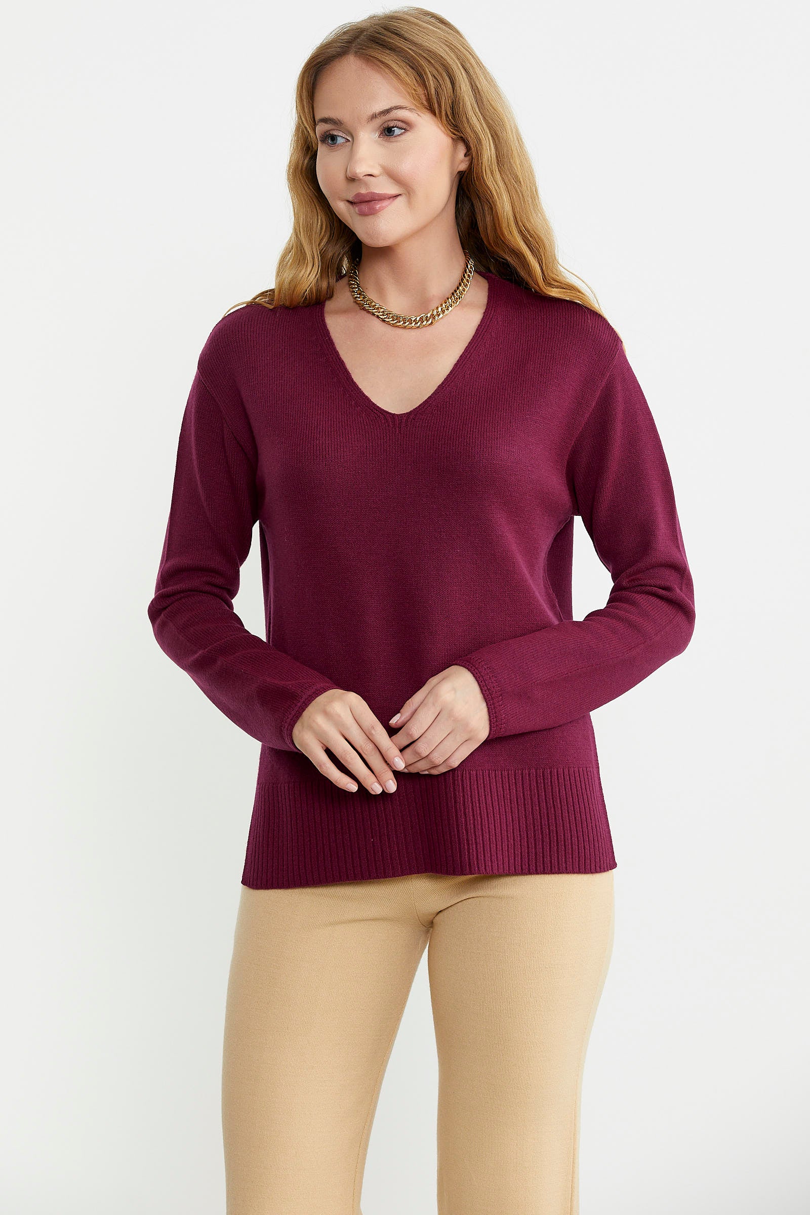 Salaş V Yaka Basic Triko Kazak - Bordo - Sementa