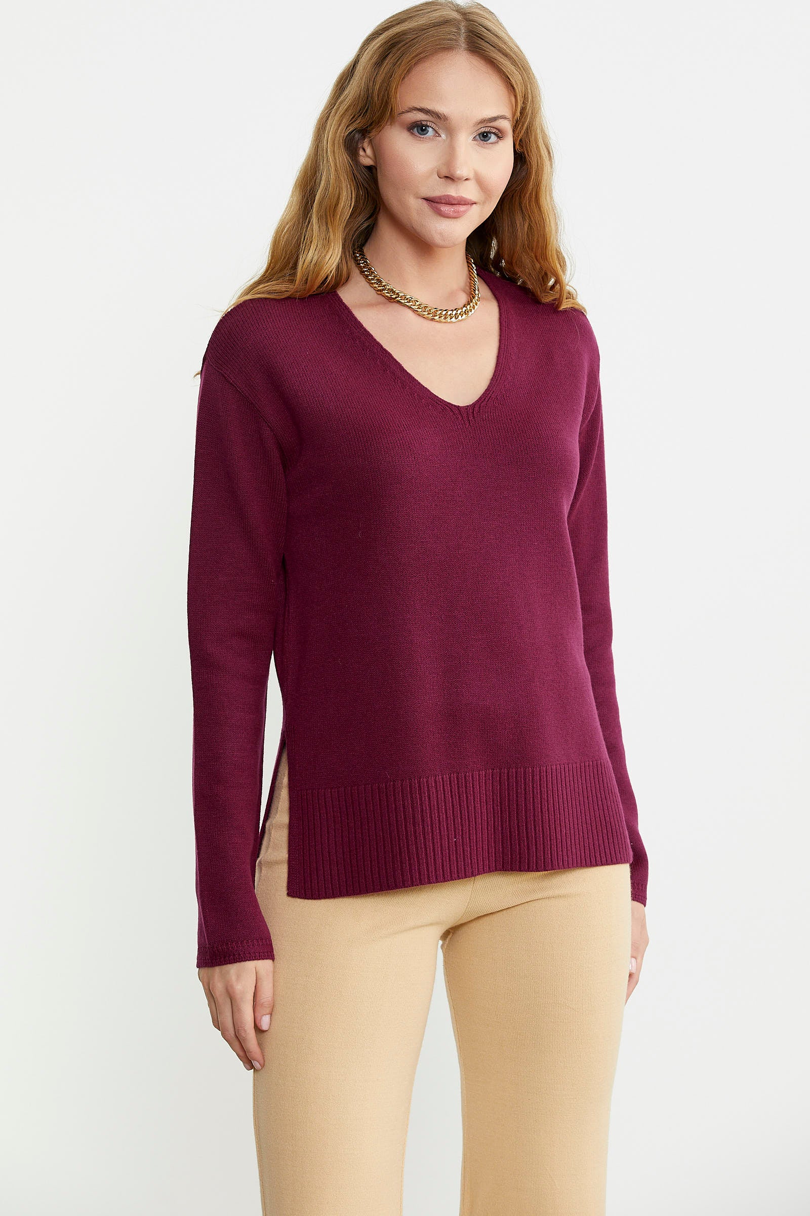 Salaş V Yaka Basic Triko Kazak - Bordo - Sementa