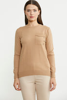 Sıfır Yaka Cepli Düğmeli Triko Kazak - Bej - Sementa