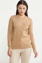 Sıfır Yaka Cepli Düğmeli Triko Kazak - Bej - Sementa