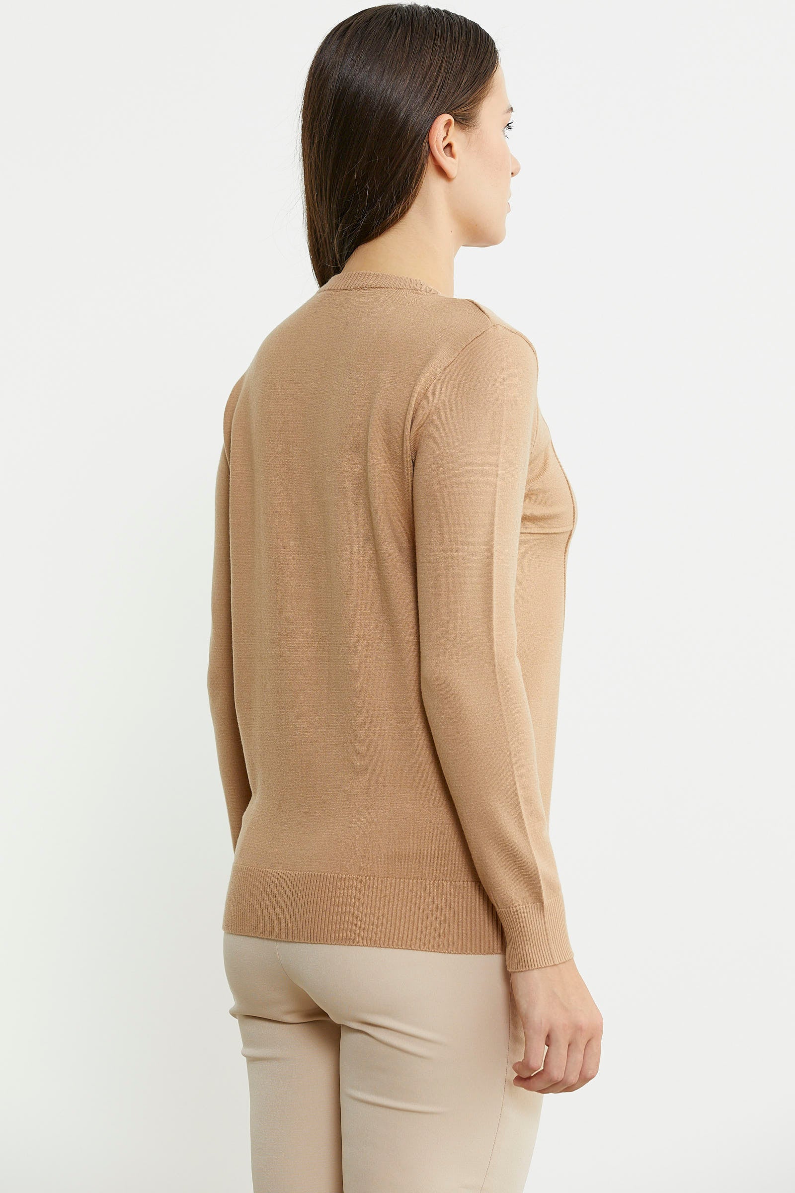 Sıfır Yaka Cepli Düğmeli Triko Kazak - Bej - Sementa