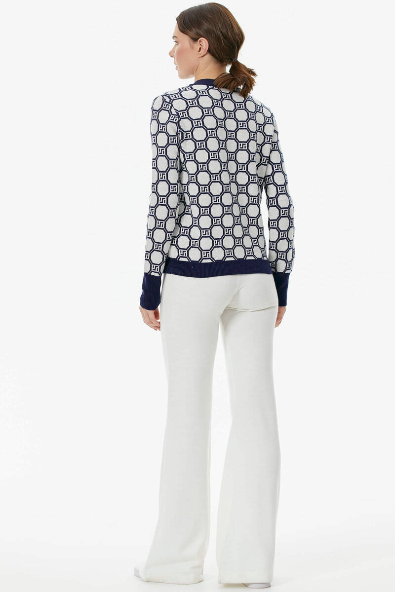 Sıfır Yaka Düğmeli Cep Detaylı Triko Hırka - Lacivert - Beyaz (5) Sementa