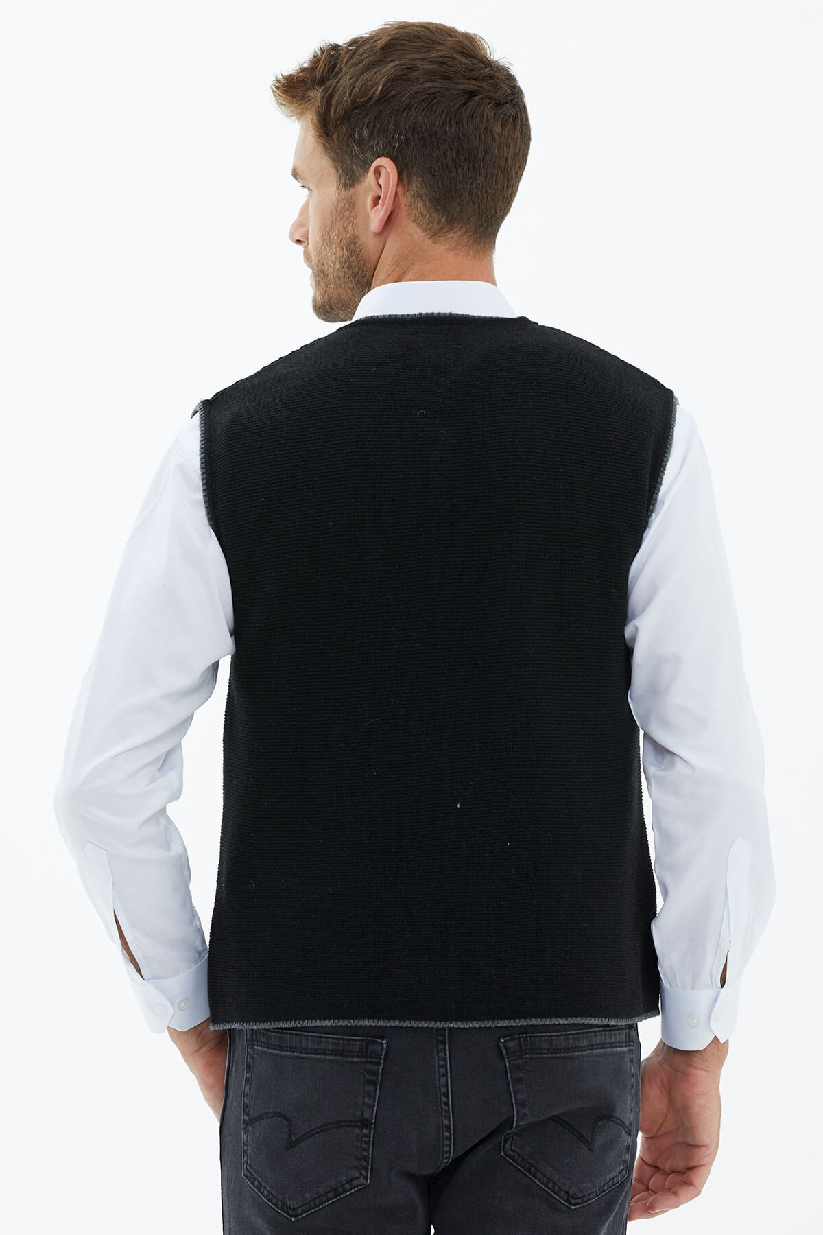 Sıfır Yaka Düğmeli Cepli Yelek - Siyah (4) Sementa