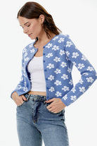 Sıfır Yaka Düğmeli Çiçek Desenli Triko Hırka - Mavi (2) Sementa