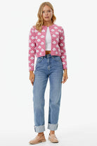 Sıfır Yaka Düğmeli Çiçek Desenli Triko Hırka - Pembe (3) Sementa