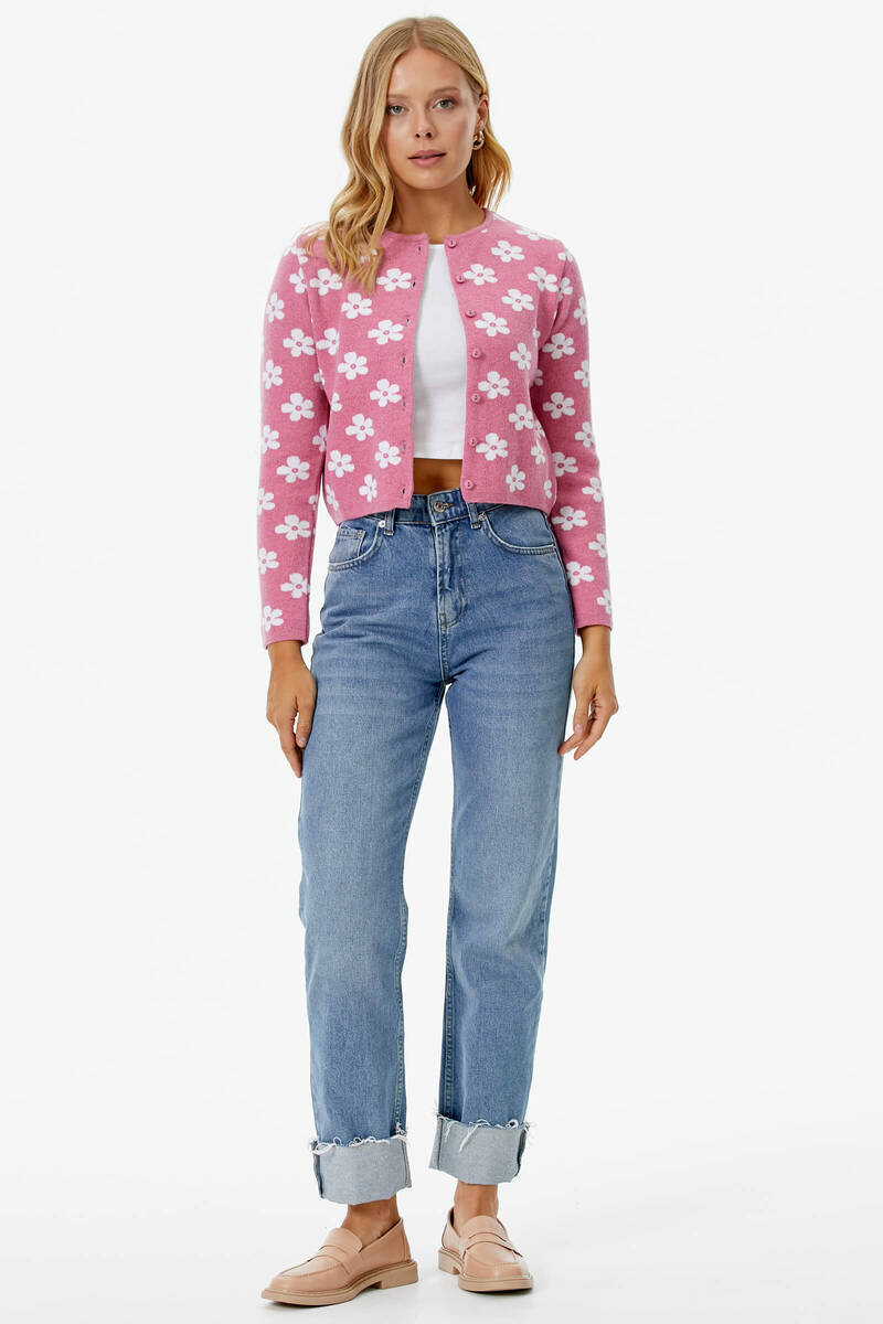 Sıfır Yaka Düğmeli Çiçek Desenli Triko Hırka - Pembe (3) Sementa