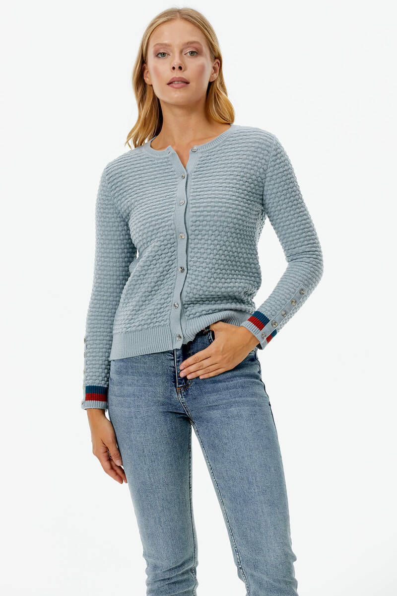 Sıfır Yaka Düğmeli Petek Desenli Triko Hırka - Mavi (3) Sementa