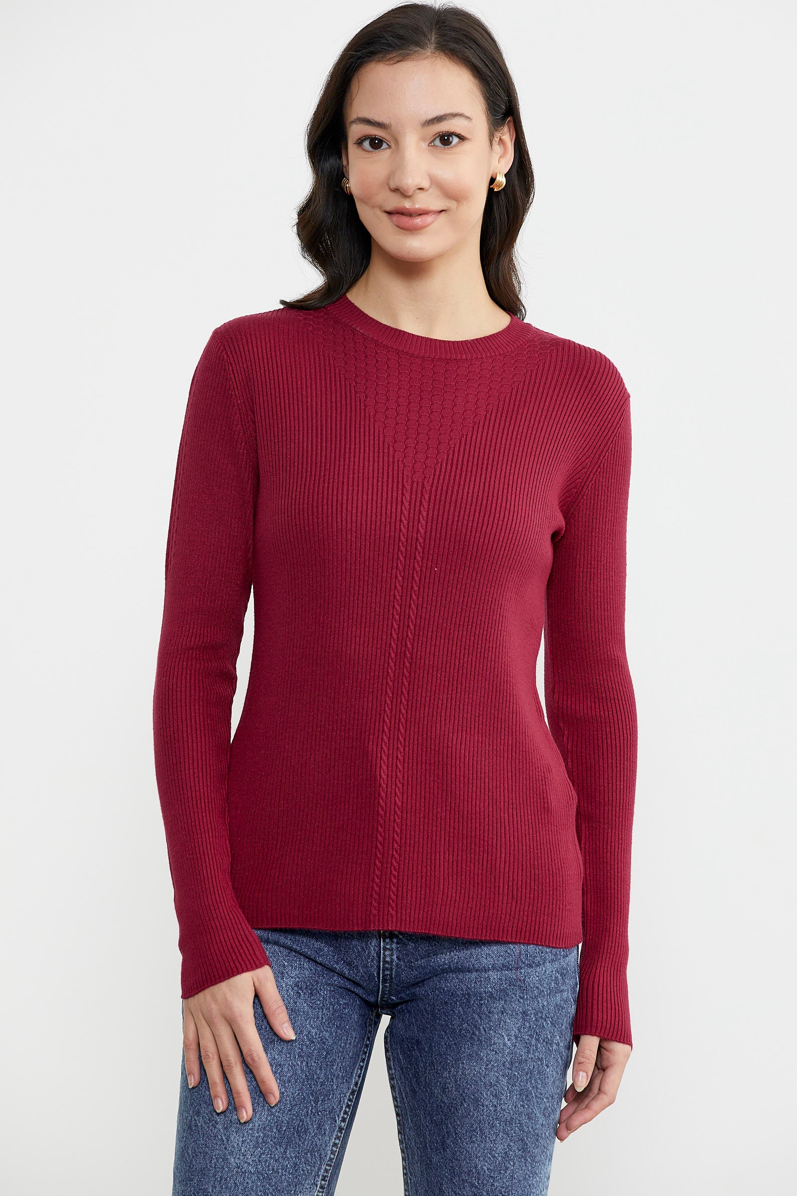 Sıfır Yaka Fitilli Triko Kazak - Bordo (2) Sementa