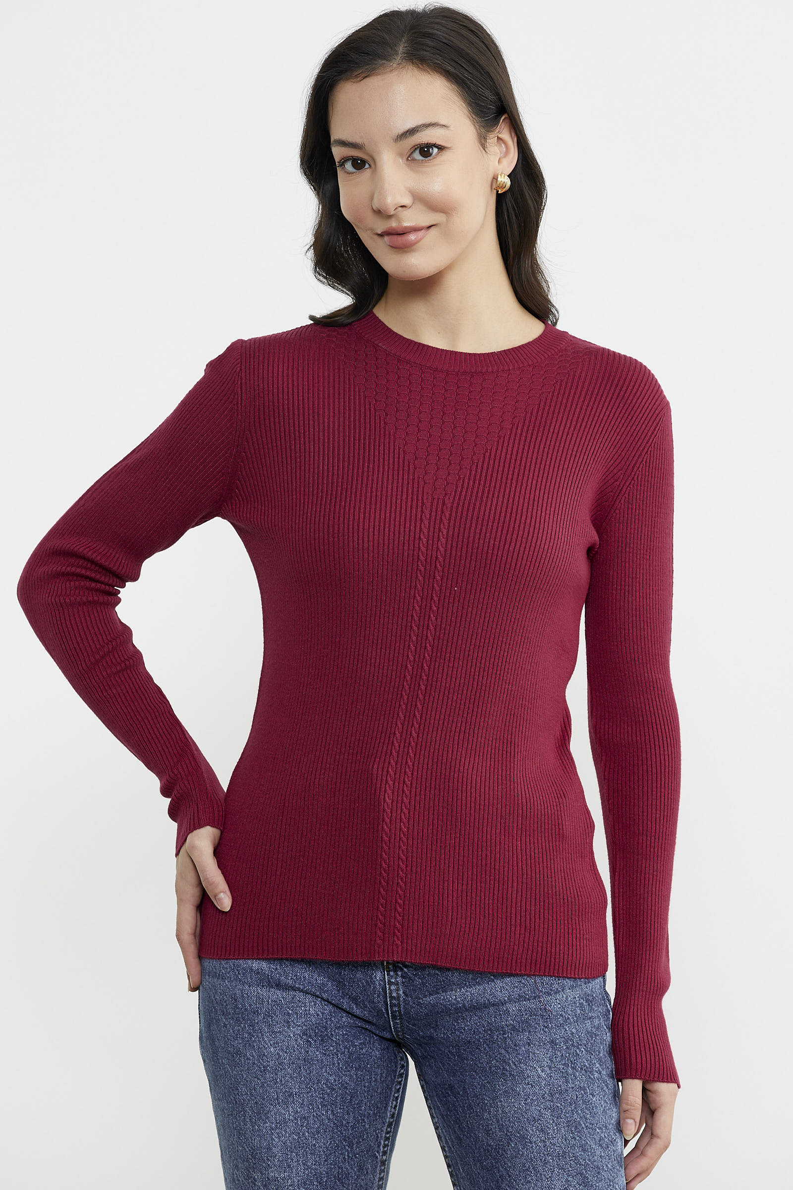 Sıfır Yaka Fitilli Triko Kazak - Bordo (3) Sementa