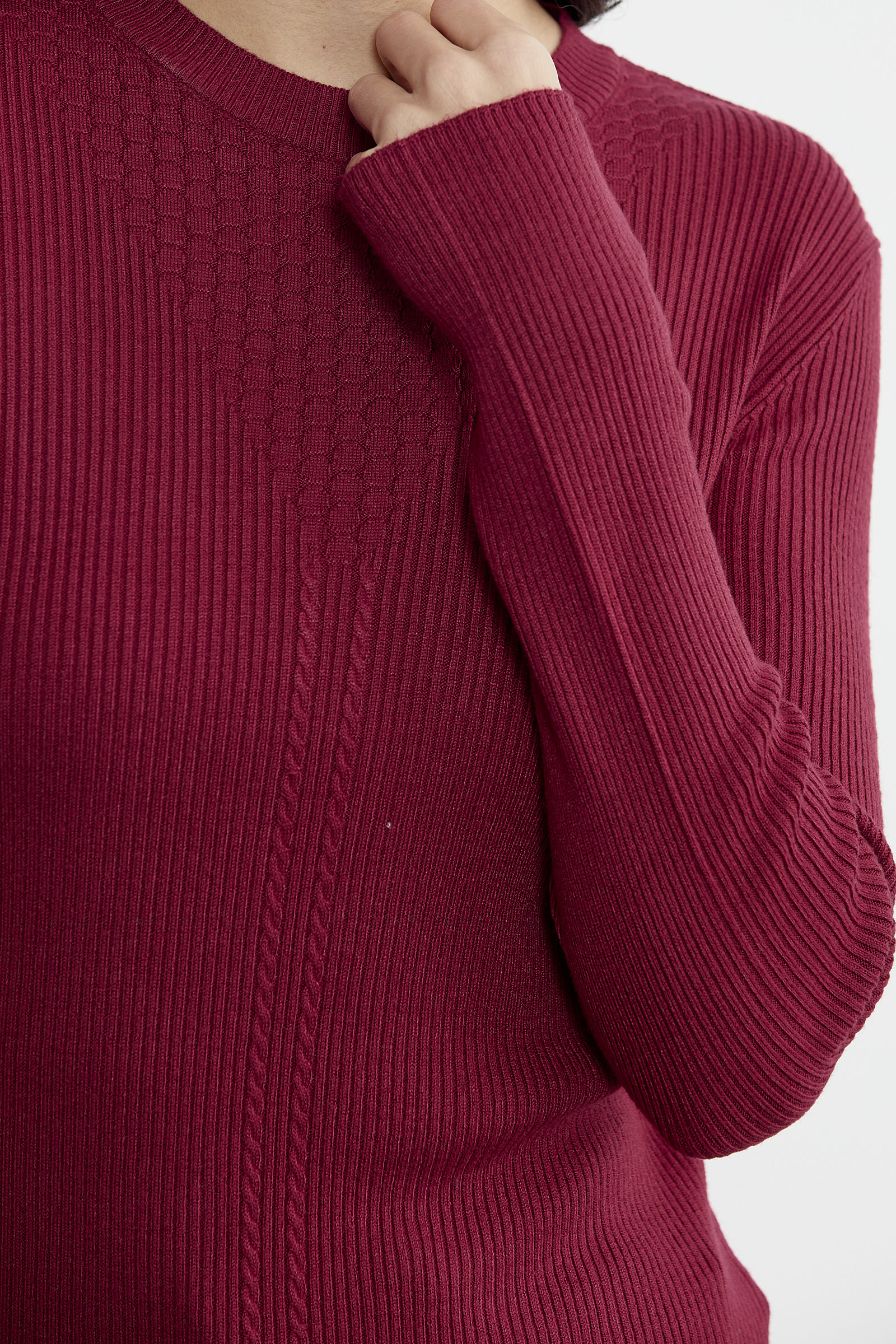 Sıfır Yaka Fitilli Triko Kazak - Bordo (4) Sementa