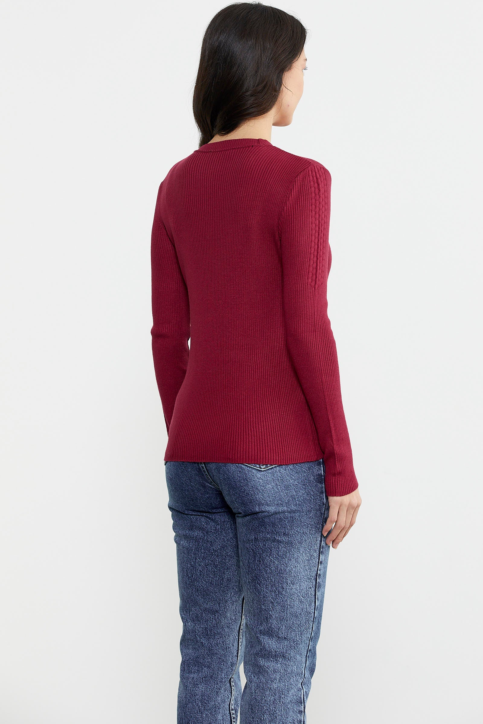 Sıfır Yaka Fitilli Triko Kazak - Bordo (5) Sementa