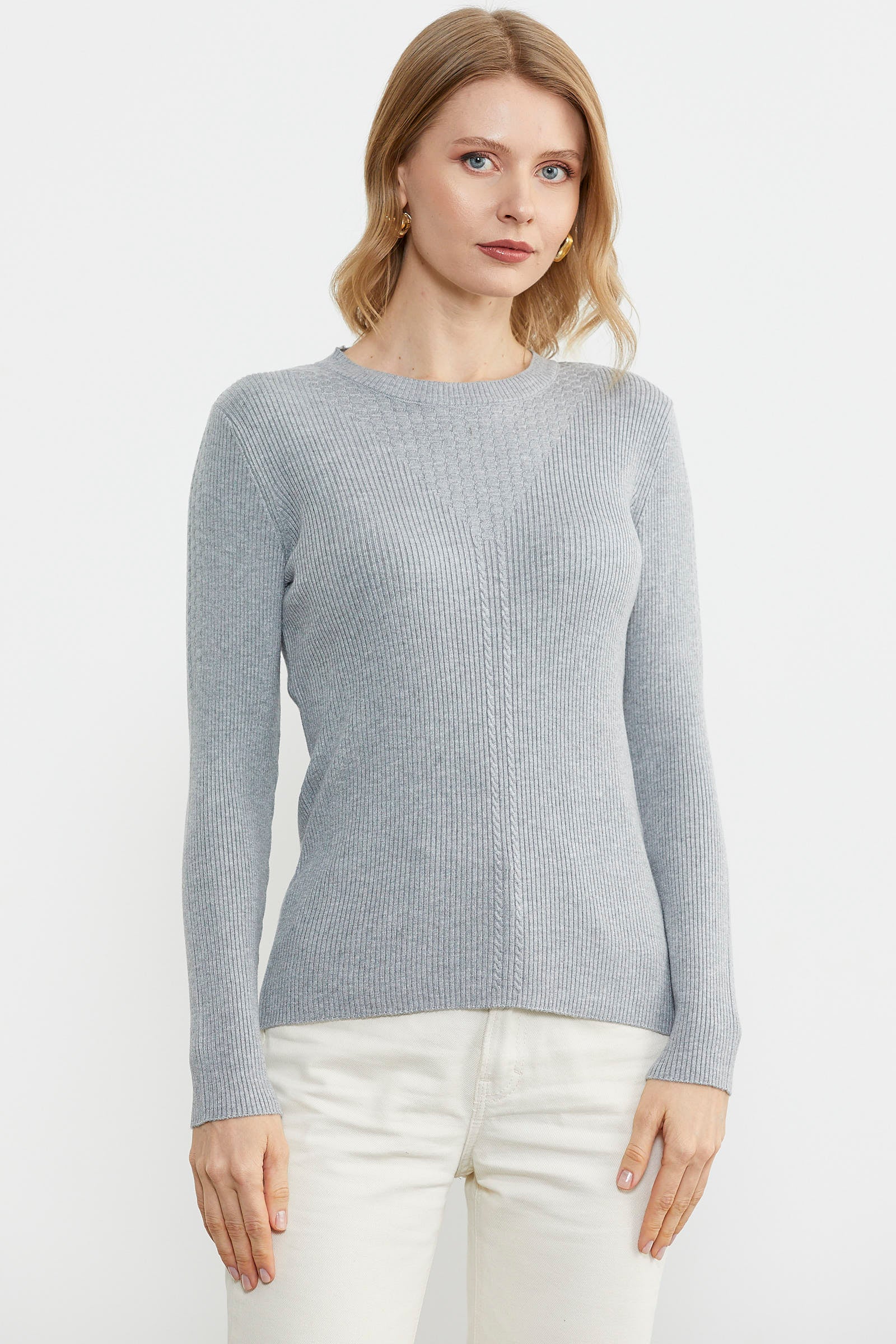 Sıfır Yaka Fitilli Triko Kazak - Gri (1) Sementa