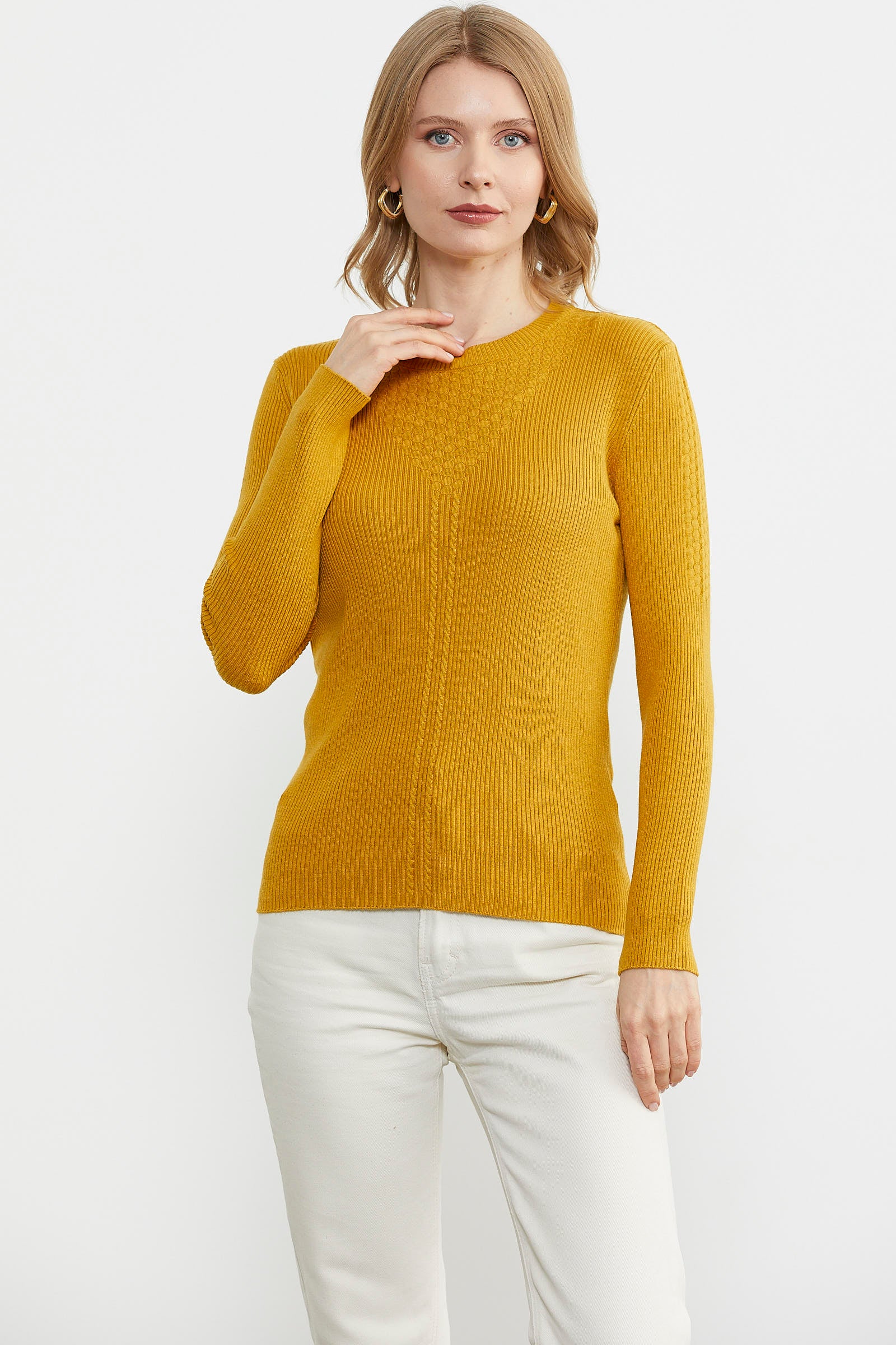 Sıfır Yaka Fitilli Triko Kazak - Hardal (2) Sementa