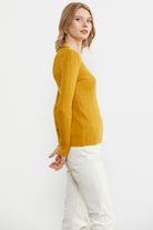 Sıfır Yaka Fitilli Triko Kazak - Hardal (4) Sementa