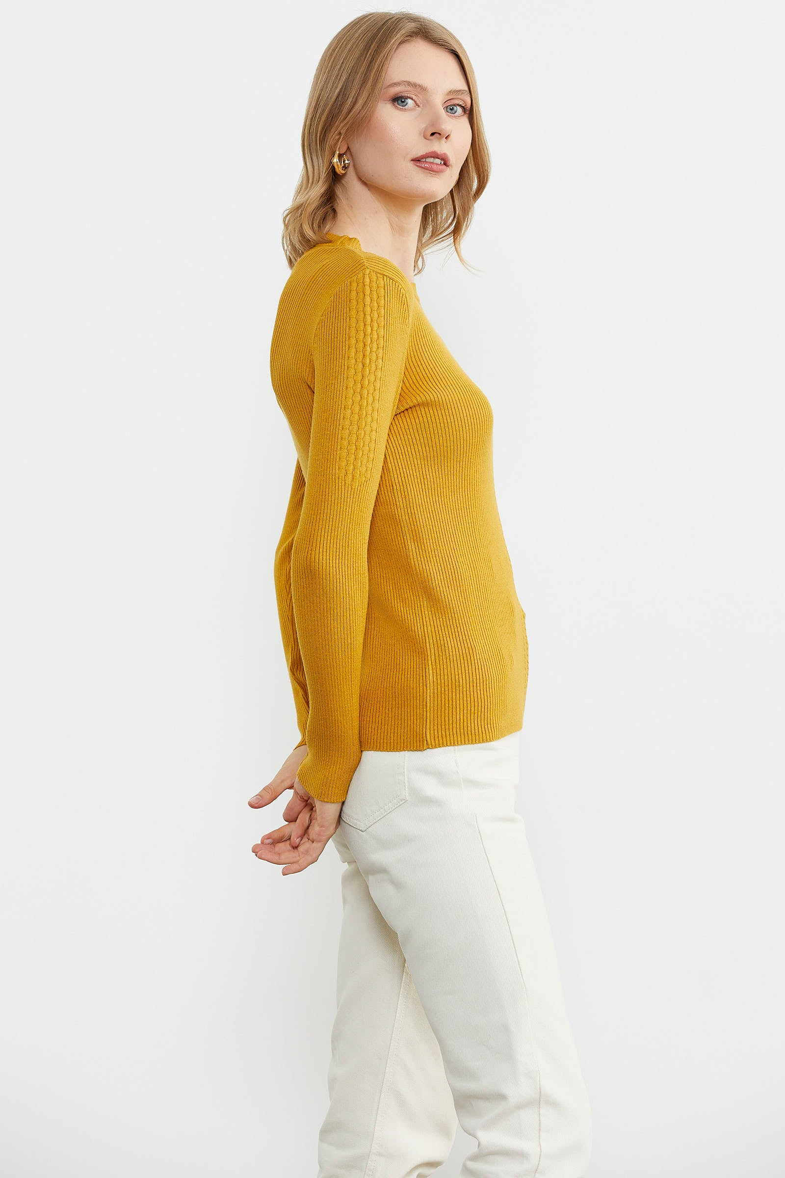 Sıfır Yaka Fitilli Triko Kazak - Hardal (4) Sementa