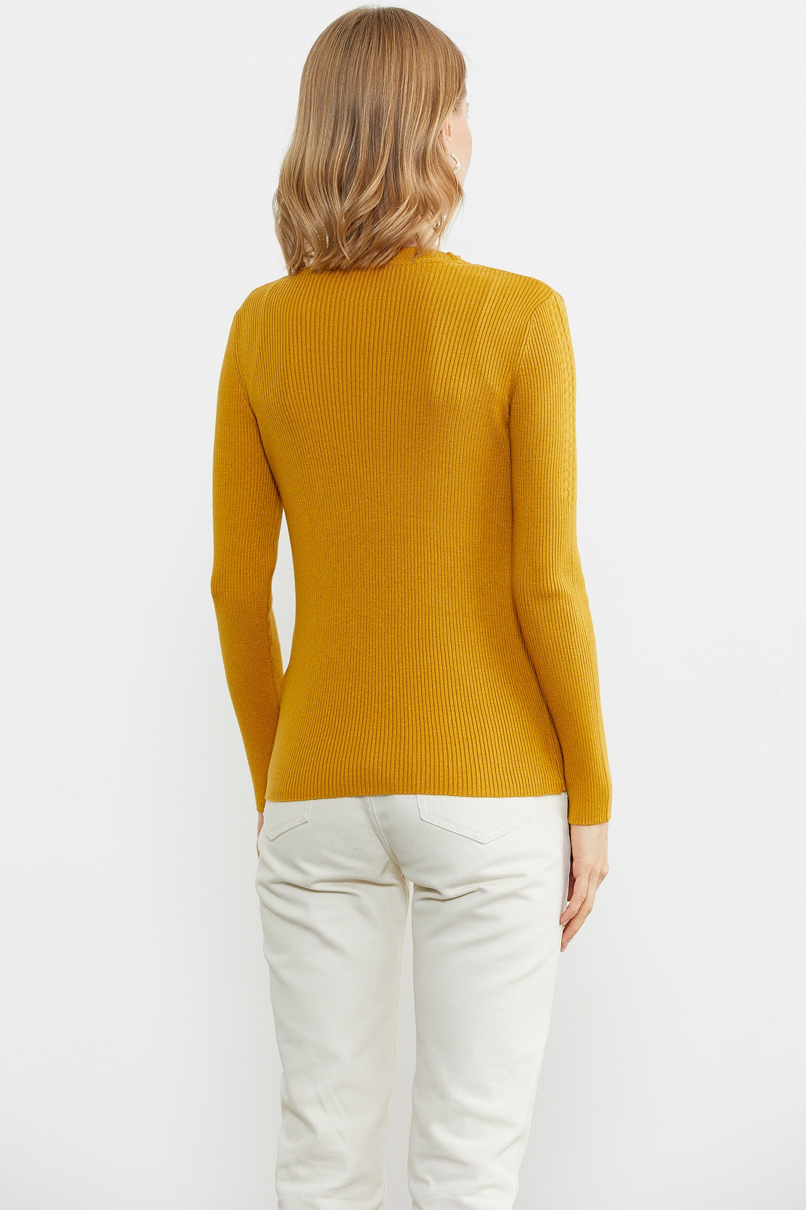 Sıfır Yaka Fitilli Triko Kazak - Hardal (5) Sementa