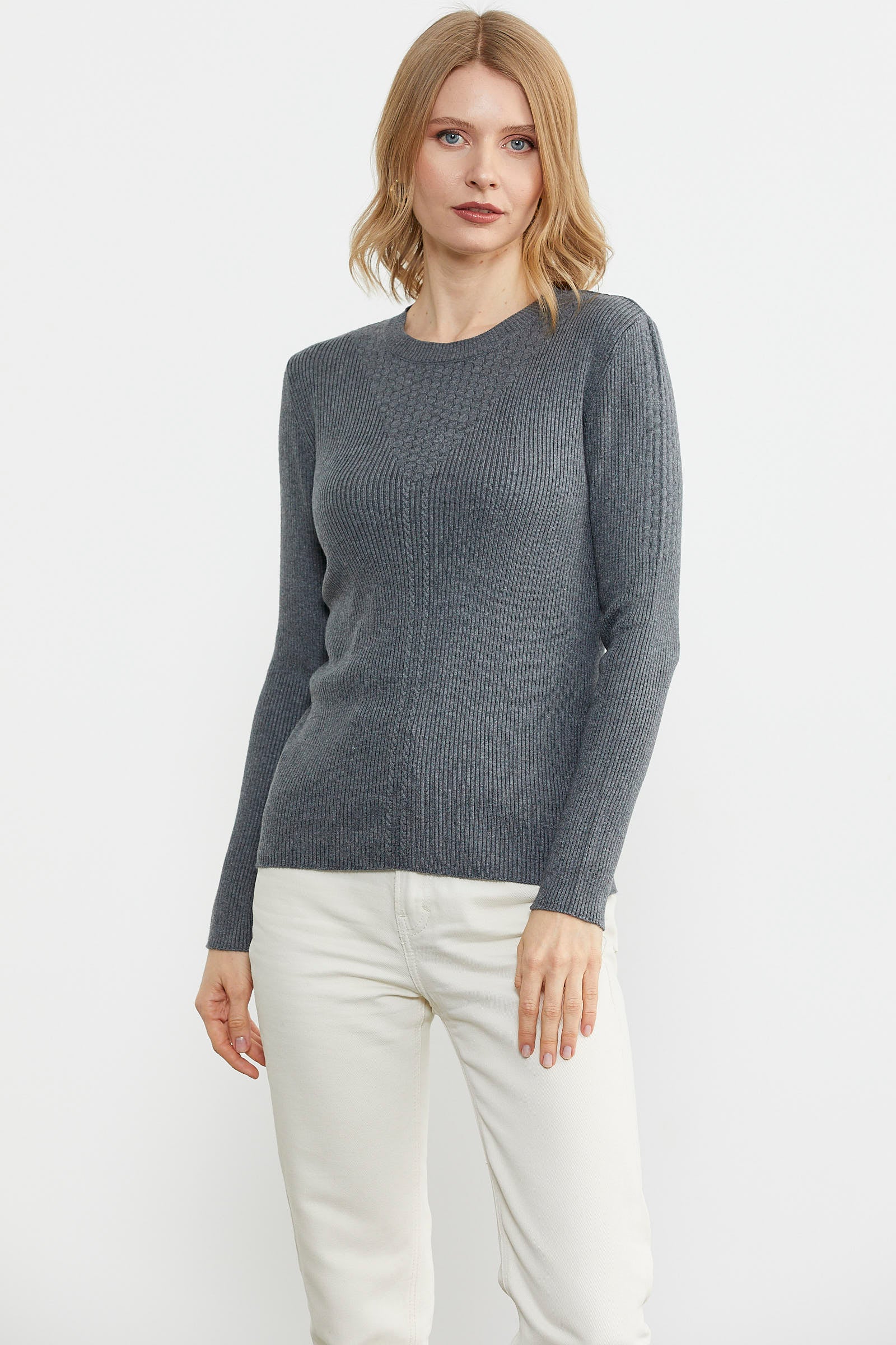 Sıfır Yaka Fitilli Triko Kazak - Koyu Gri (2) Sementa