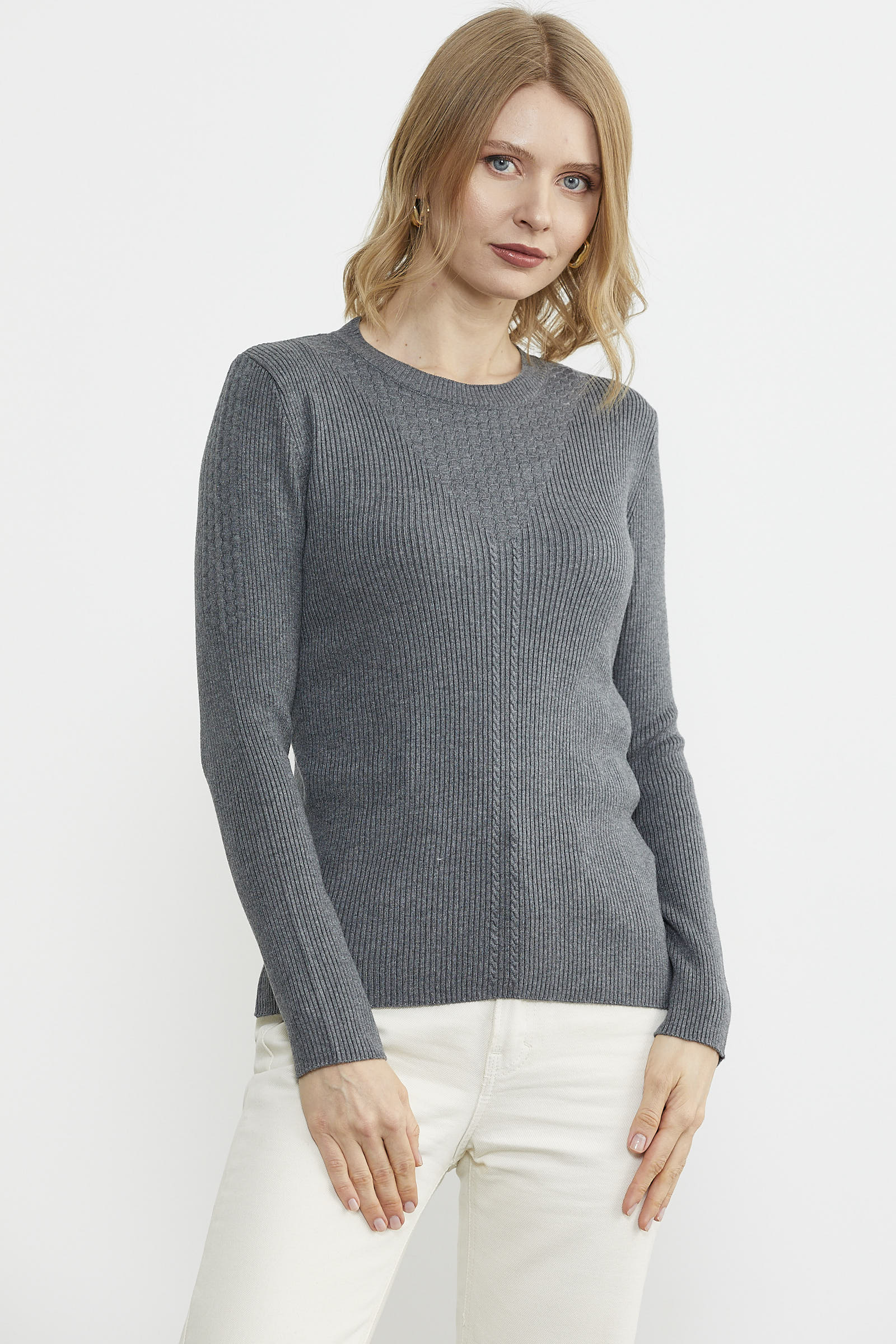 Sıfır Yaka Fitilli Triko Kazak - Koyu Gri (3) Sementa