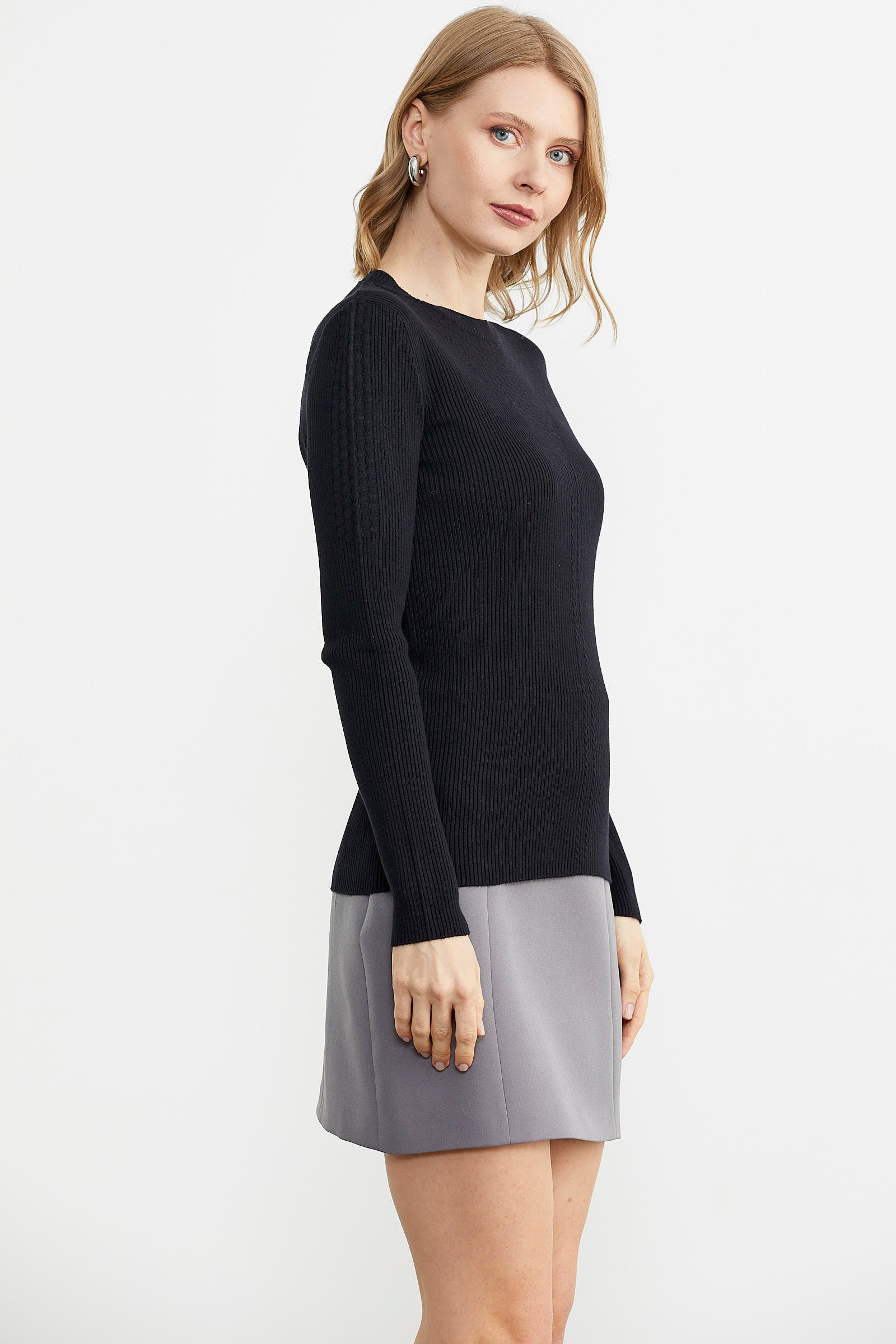 Sıfır Yaka Fitilli Triko Kazak - Siyah (4) Sementa