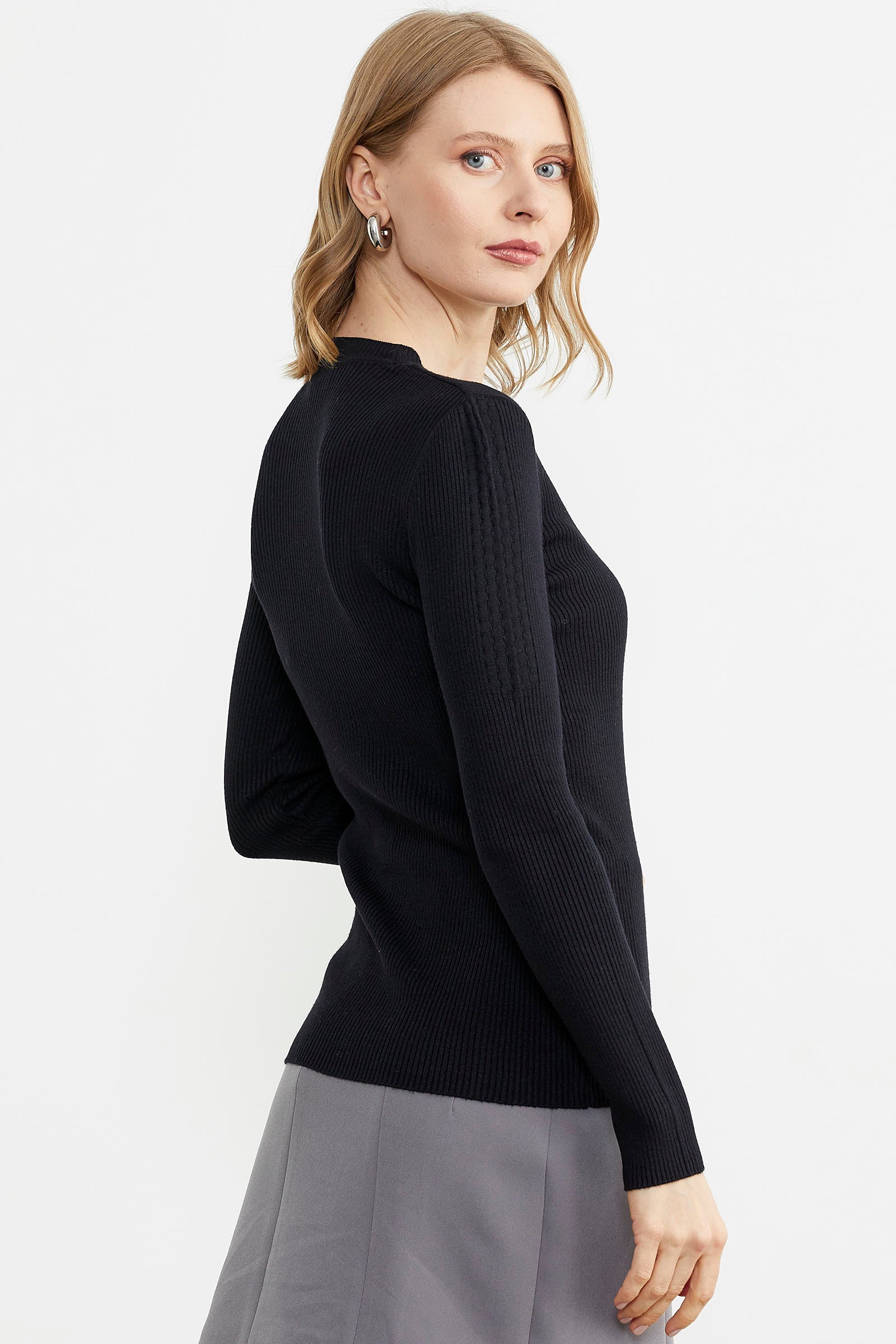 Sıfır Yaka Fitilli Triko Kazak - Siyah (5) Sementa