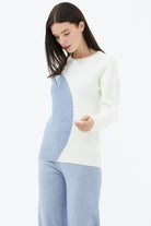 Sıfır Yaka  İki Renkli Triko Kazak - Kemik - Mavi (3) Sementa