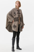 Sıfır Yaka Kilim Desenli Triko Panço - Bej (3) Sementa