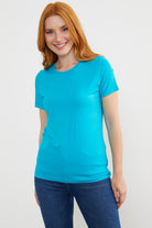 Sıfır Yaka Kısa Kol Basic Tişört - Turkuaz (2) Sementa