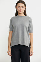 Sıfır Yaka Kısa Kol Triko Kazak - Açık Gri - Sementa