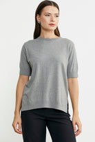 Sıfır Yaka Kısa Kol Triko Kazak - Açık Gri - Sementa