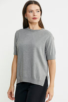 Sıfır Yaka Kısa Kol Triko Kazak - Açık Gri - Sementa