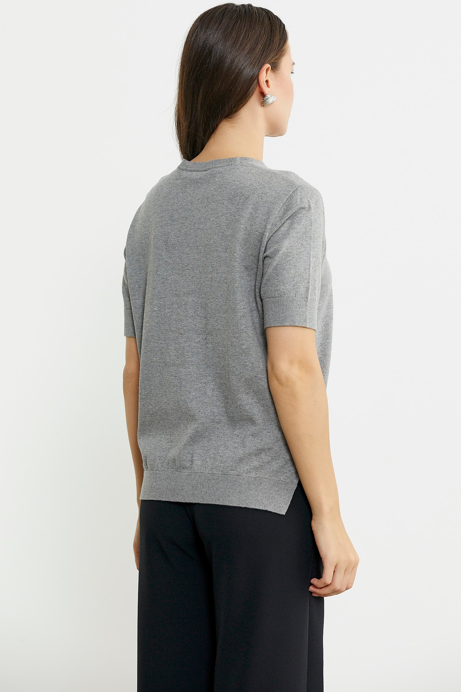 Sıfır Yaka Kısa Kol Triko Kazak - Açık Gri - Sementa